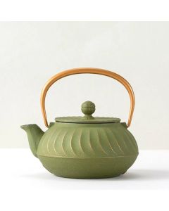 Cast Iron Teapot Olive Green Wave Gold Handle