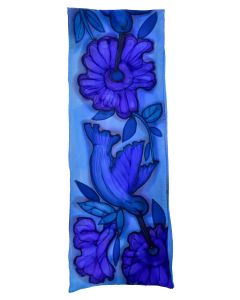 Susan Skove - "Crepe Blue Bird Floral" Silk Scarf 11x60