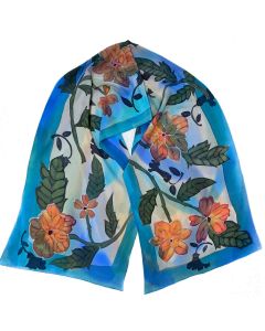 Susan Skove - "Crepe Blue Coral Floral" Silk Scarf 16x72
