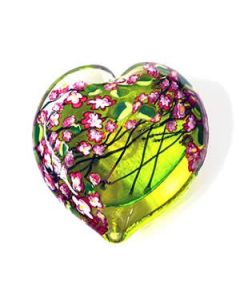 Shawn Messenger - "Cherry Blossoms on Lime" Glass Heart Paperweight