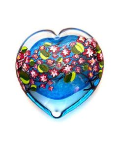 Shawn Messenger - "Cherry Blossoms on Aqua" Glass Heart Paperweight