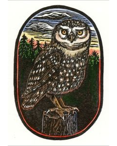Sylvia Pixley - "Little Owl #4" Woodcut and Watercolor