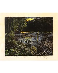 Sylvia Pixley - "River Scene #2" Woodcut and Watercolor