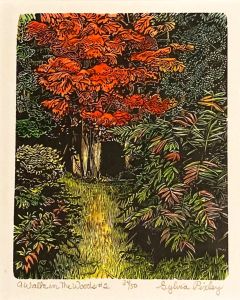 Sylvia Pixley - "A Walk in the Woods #2" Woodcut and Watercolor