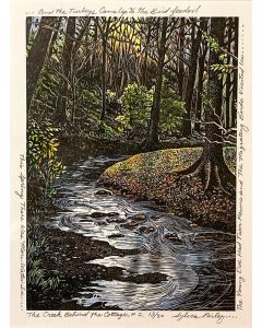 Sylvia Pixley - "The Creek Behind the Cottage #2" Woodcut and Watercolor