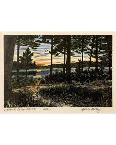 Sylvia Pixley - "Favorite Camp Site #2" Woodcut and Watercolor