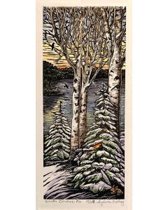 Sylvia Pixley - "Winter Birches #2" Woodcut and Watercolor