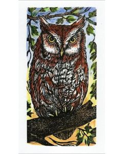 Sylvia Pixley- "Screech Owl #2" Woodcut and Watercolor