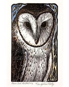 Sylvia Pixley - "Barn Owl Portrait #2" Woodcut and Watercolor