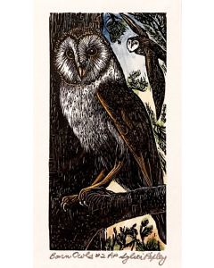 Sylvia Pixley - "Barn Owls #2" Woodcut and Watercolor
