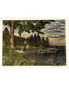 Sylvia Pixley - "Evergreen Point #2" Woodcut and Watercolor