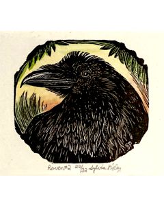 Sylvia Pixley - "Raven #2" Woodcut and Watercolor