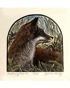 Sylvia Pixley - "Reclining Fox #2" Woodcut and Watercolor