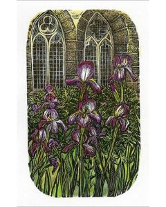 Sylvia Pixley - "Church and Irises #4" Woodcut and Watercolor