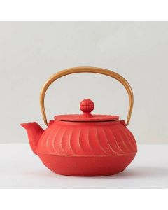 Cast Iron Teapot Red Wave Gold Handle